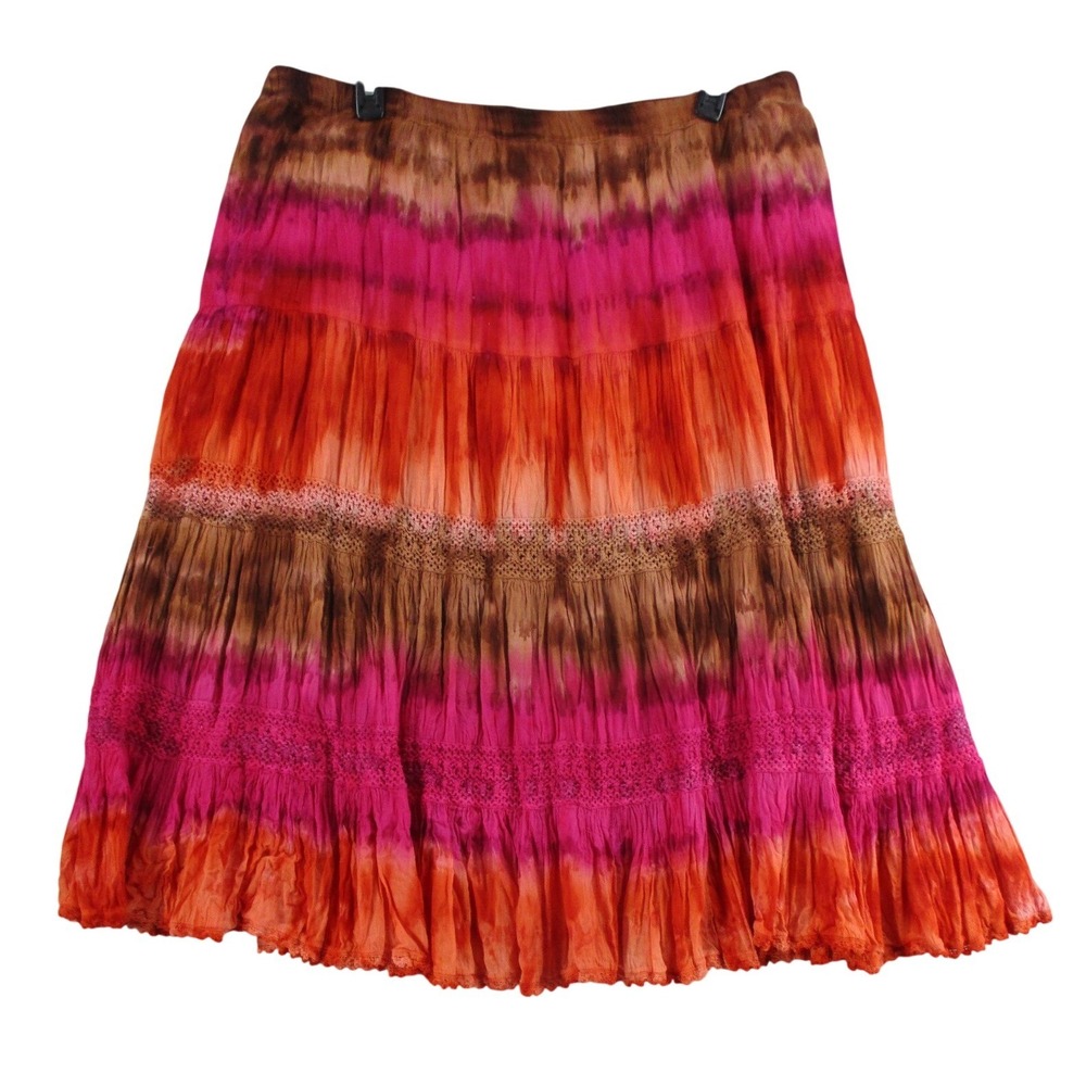 Boho Tie Dye Tiered Maxi Skirt Pink Orange Brown Cotton Lace Trim XL